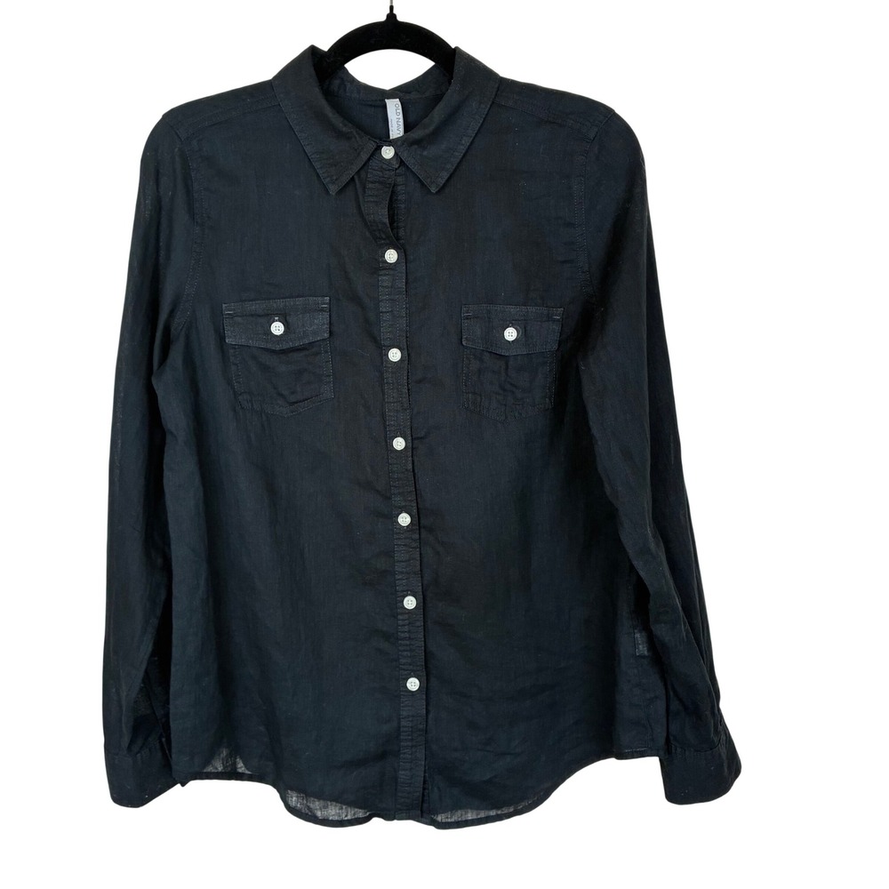 Old Navy Womens Top Sz M Linen Button Down Long Sleeve Roll Tab Minimalist Black
